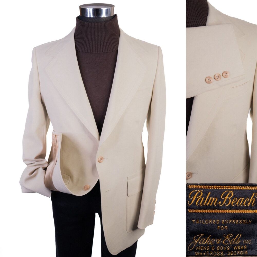 Palm Beach Men's Sport Coat Casual Jacket Blazer Sz 38L Beige Wide Lapels VTG